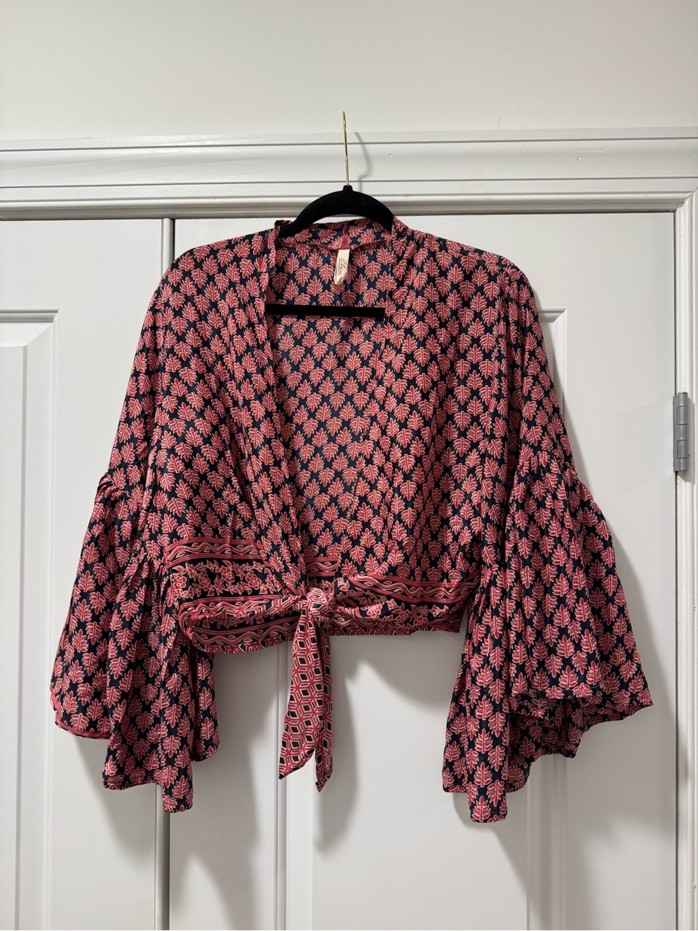 Elan Navy Top with Coral Leaf Print
